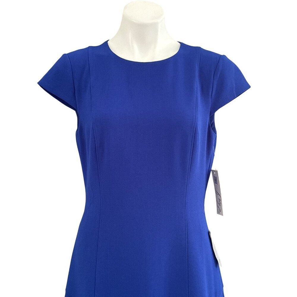 Eliza J NWT $138 Crepe Ruffle Lace Hem Sheath Dress, Blue Women's Size 10 - Picture 2 of 9